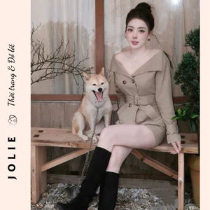 Set Kaki Blazer Cropped Trễ Vai Kèm Đai Thắt Eo Phối Quần Short Cạp Cao