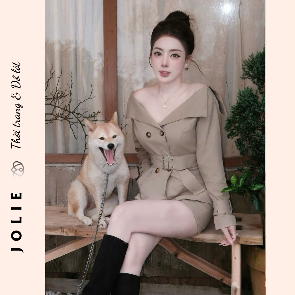 Set Kaki Blazer Cropped Trễ Vai Kèm Đai Thắt Eo Phối Quần Short Cạp Cao