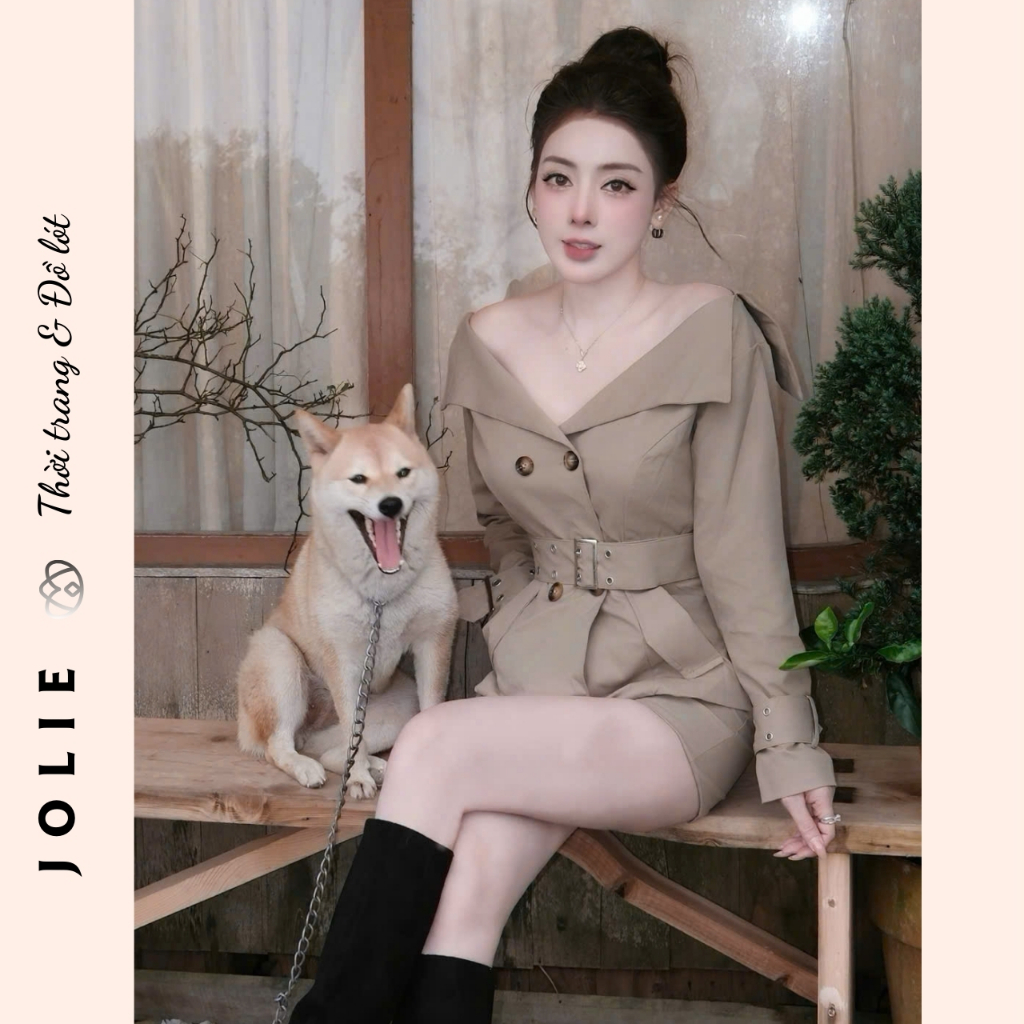 Set Kaki Blazer Cropped Trễ Vai Kèm Đai Thắt Eo Phối Quần Short Cạp Cao