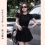Đầm Đen Xòe Ngắn Cổ Tròn Tay Phồng Kèm Đai Lưng Tôn Dáng