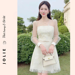 Váy Đầm Voan Phối Ren Tay Dài Kiểu Cổ Vuông Thanh Lịch