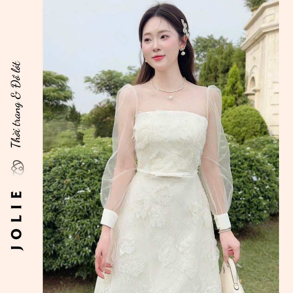 Váy Đầm Voan Phối Ren Tay Dài Kiểu Cổ Vuông Thanh Lịch