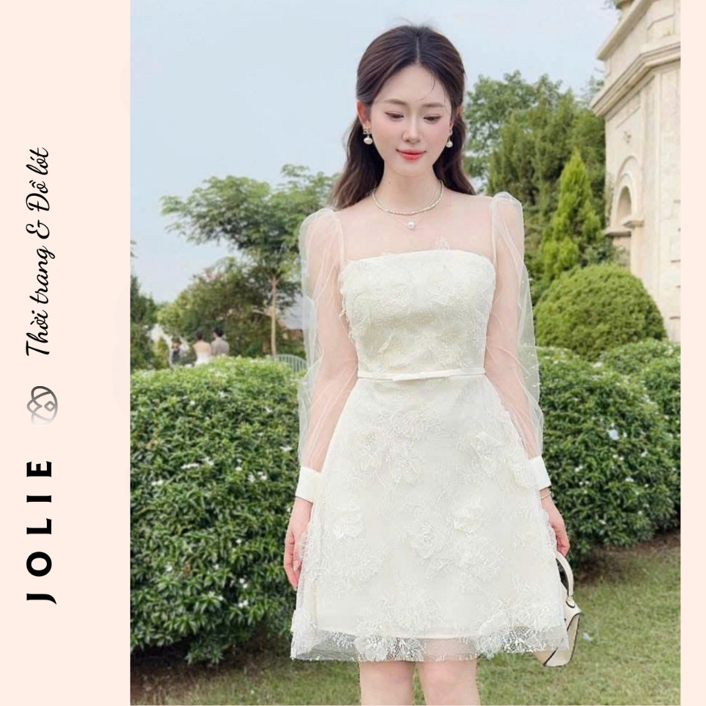Váy Đầm Voan Phối Ren Tay Dài Kiểu Cổ Vuông Thanh Lịch