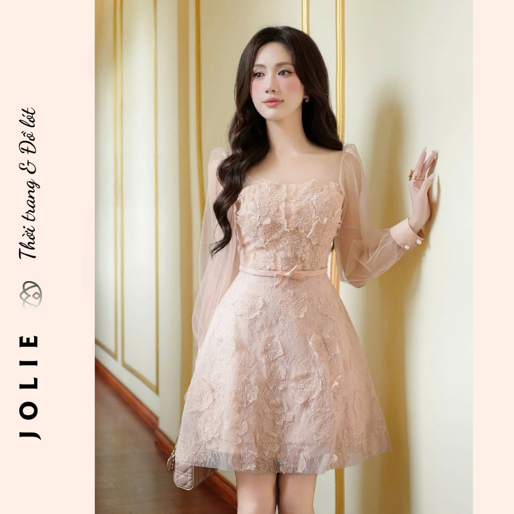 Váy Đầm Voan Phối Ren Tay Dài Kiểu Cổ Vuông Thanh Lịch
