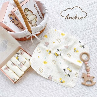 Hộp 5 khăn sữa 4 lớp xô Muslin cao cấp Anchee, không xù, dày dặn, thấm hút tốt