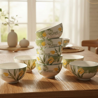 Bộ 10 Chén Sứ Ăn Cơm 11.5cm – Họa Tiết Hoa Tulip Sang Trọng, Bát Sứ Cao Cấp – HùngHome