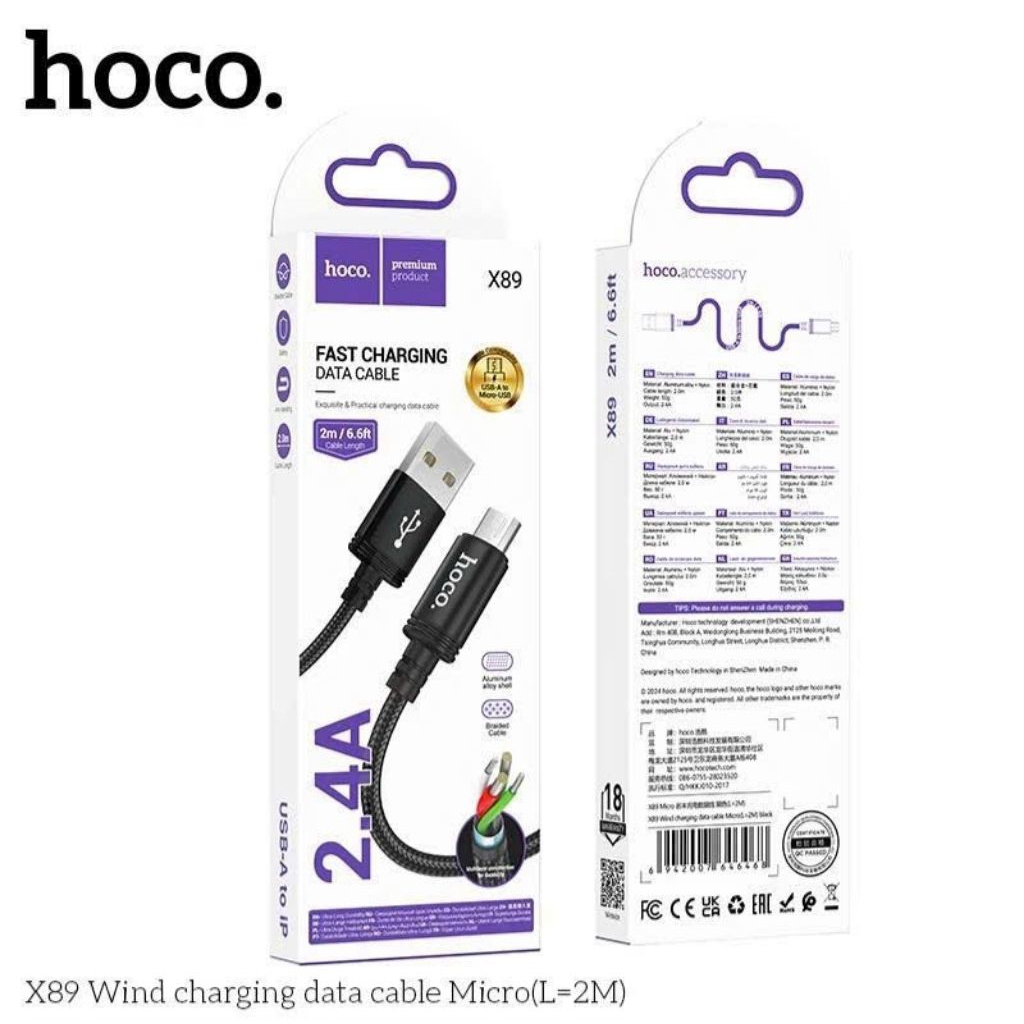 Dây sạc nhanh Micro hoco X89 dài 2m, USB sang Micro