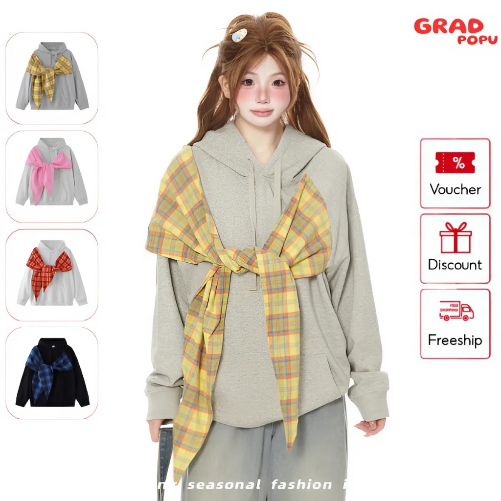 Áo hoodie nữ GRADPOPU oversize kèm nơ caro form rộng dễ thương cá tính phong cách Hàn Quốc PH321