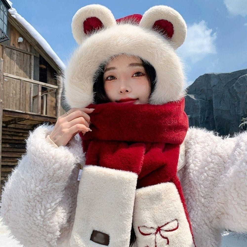 Mũ Tai Gấu Mũ Sang Trọng, Găng Tay Mũ Khăn Hoạt Hình Dễ Thương Cho Nữ, Thêu Ngọt Ngào Nơ Earmuff Thường Ngày