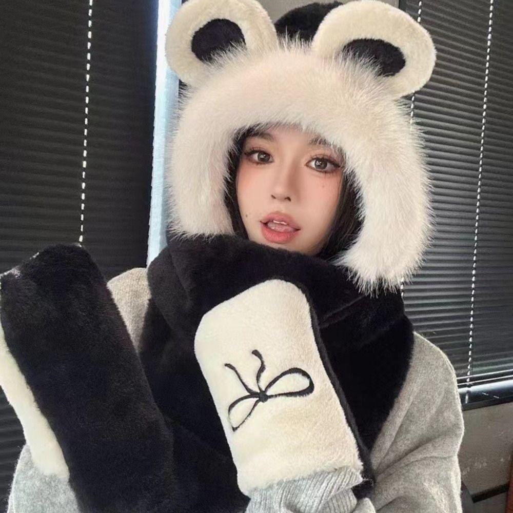 Mũ Tai Gấu Mũ Sang Trọng, Găng Tay Mũ Khăn Hoạt Hình Dễ Thương Cho Nữ, Thêu Ngọt Ngào Nơ Earmuff Thường Ngày