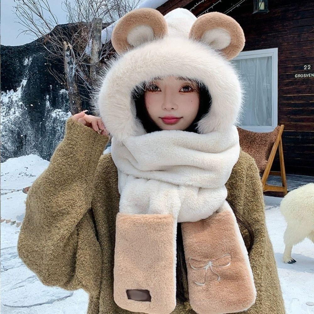 Mũ Tai Gấu Mũ Sang Trọng, Găng Tay Mũ Khăn Hoạt Hình Dễ Thương Cho Nữ, Thêu Ngọt Ngào Nơ Earmuff Thường Ngày