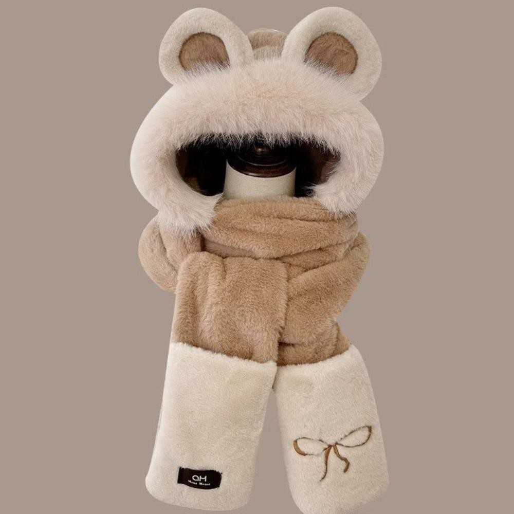 Mũ Tai Gấu Mũ Sang Trọng, Găng Tay Mũ Khăn Hoạt Hình Dễ Thương Cho Nữ, Thêu Ngọt Ngào Nơ Earmuff Thường Ngày