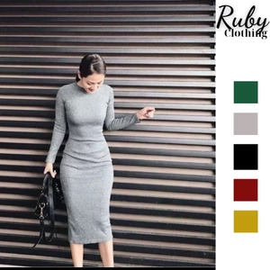 Đầm thun gân body tay dài, đầm thun gân dáng dài form chuẩn xẻ sau RUBY A60