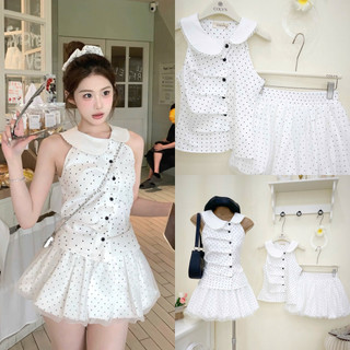 SEP House - Set chấm bi nút cài cổ sen lệch viêng ren sát nách phối chân váy bí tơ lưng chun nữ tính - Hàng loại 1