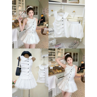 SEP House - Set chấm bi nút cài cổ sen lệch viêng ren sát nách phối chân váy bí tơ lưng chun nữ tính - Hàng loại 1