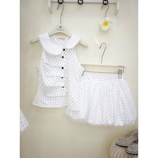 SEP House - Set chấm bi nút cài cổ sen lệch viêng ren sát nách phối chân váy bí tơ lưng chun nữ tính - Hàng loại 1