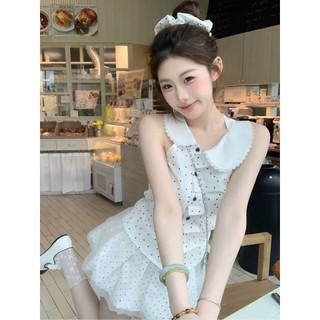 SEP House - Set chấm bi nút cài cổ sen lệch viêng ren sát nách phối chân váy bí tơ lưng chun nữ tính - Hàng loại 1
