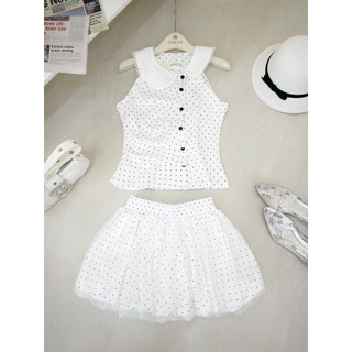 SEP House - Set chấm bi nút cài cổ sen lệch viêng ren sát nách phối chân váy bí tơ lưng chun nữ tính - Hàng loại 1