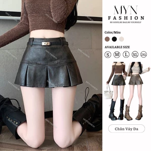 Chân Váy Da Xếp Ly Dáng Ngắn Sang Chảnh, Chân Váy Xếp Ly Chất Da Pu Kiểu Y2K Chất Da Mềm Mịn Hàng Da Loại 1