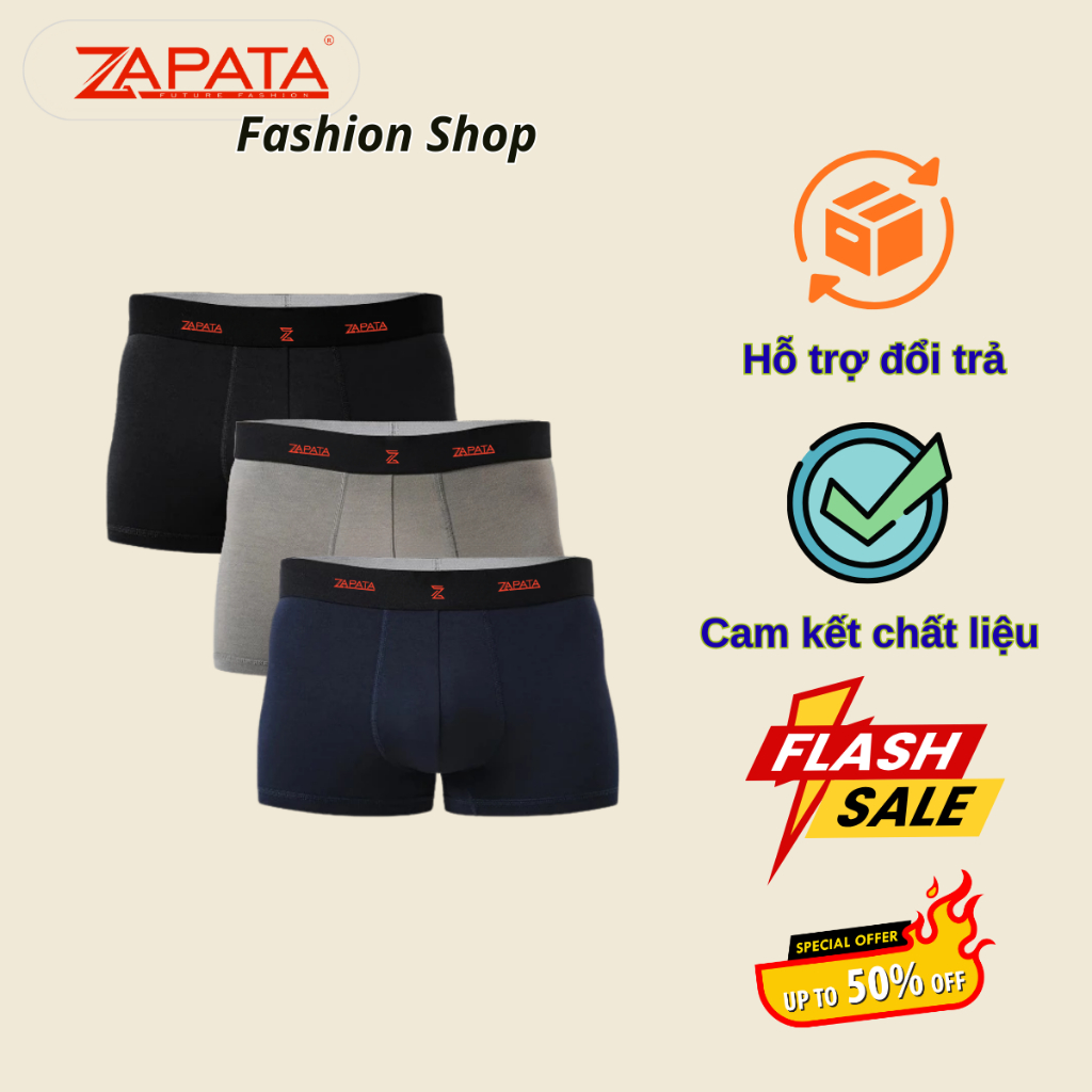 [HỘP 3 QUẦN] Quần lót nam ZAPATA Boxer Bamboo cao cấp, form ôm tôn dáng, lưng logo nổi bật
