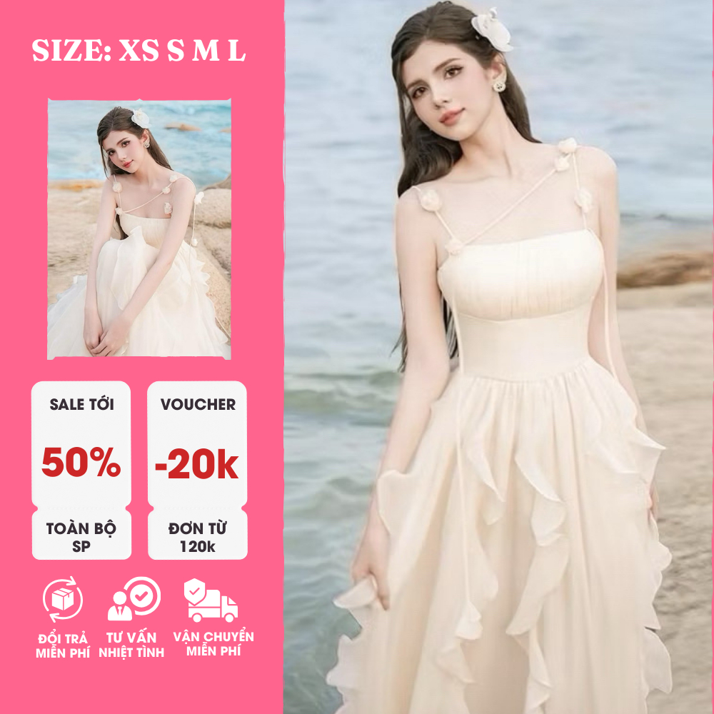 Đầm Maxi Nữ Tính Màu Da – Xếp Tầng Bèo, Dài Maxi, Bay Bổng, Sang Trọng, Dạo Phố, Tiệc Tùng