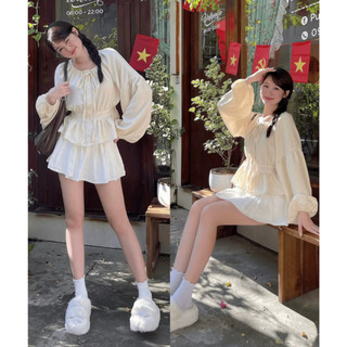 Áo sơ mi nữ cố nơ tay bồng thân bo eo chun lưng chất đũi mềm HaChang - A82
