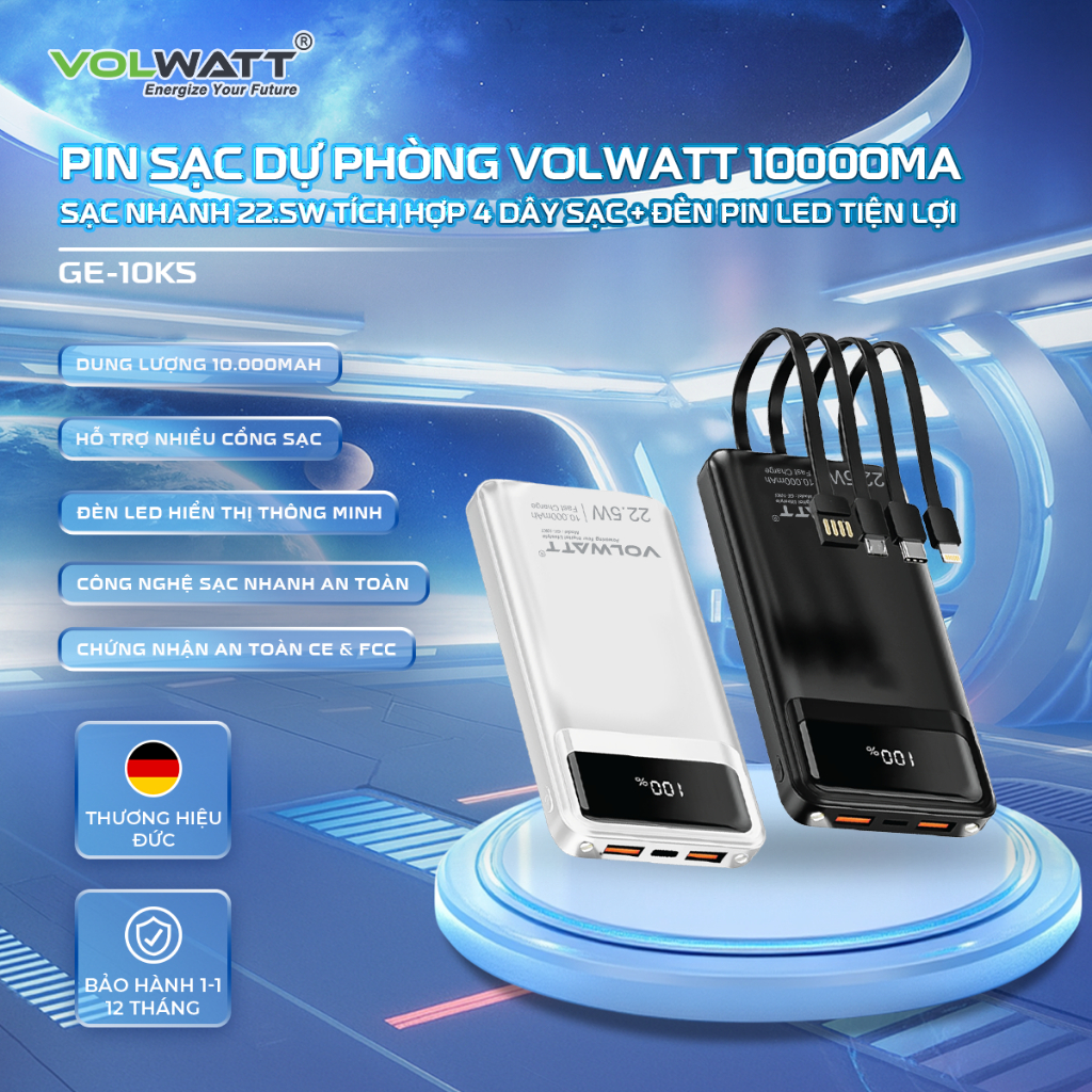 Pin Sạc Dự Phòng GE-10K5 VOLWATT 10000mAh Sạc Nhanh 22.5W Tích Hợp 4 ...