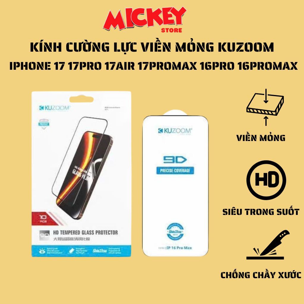Kính cường lực trong suốt 3D không lẹm viền Kuzoom cho IPhone 16Promax 16Pro 17Promax 17Pro 17Air 17