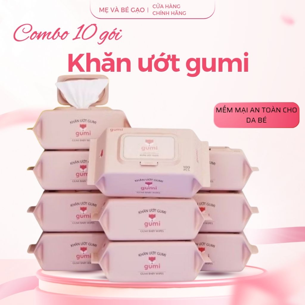 Thùng 10 gói khăn ướt 100 tờ Gumi không cồn,không parabens cao cấp dành cho bé