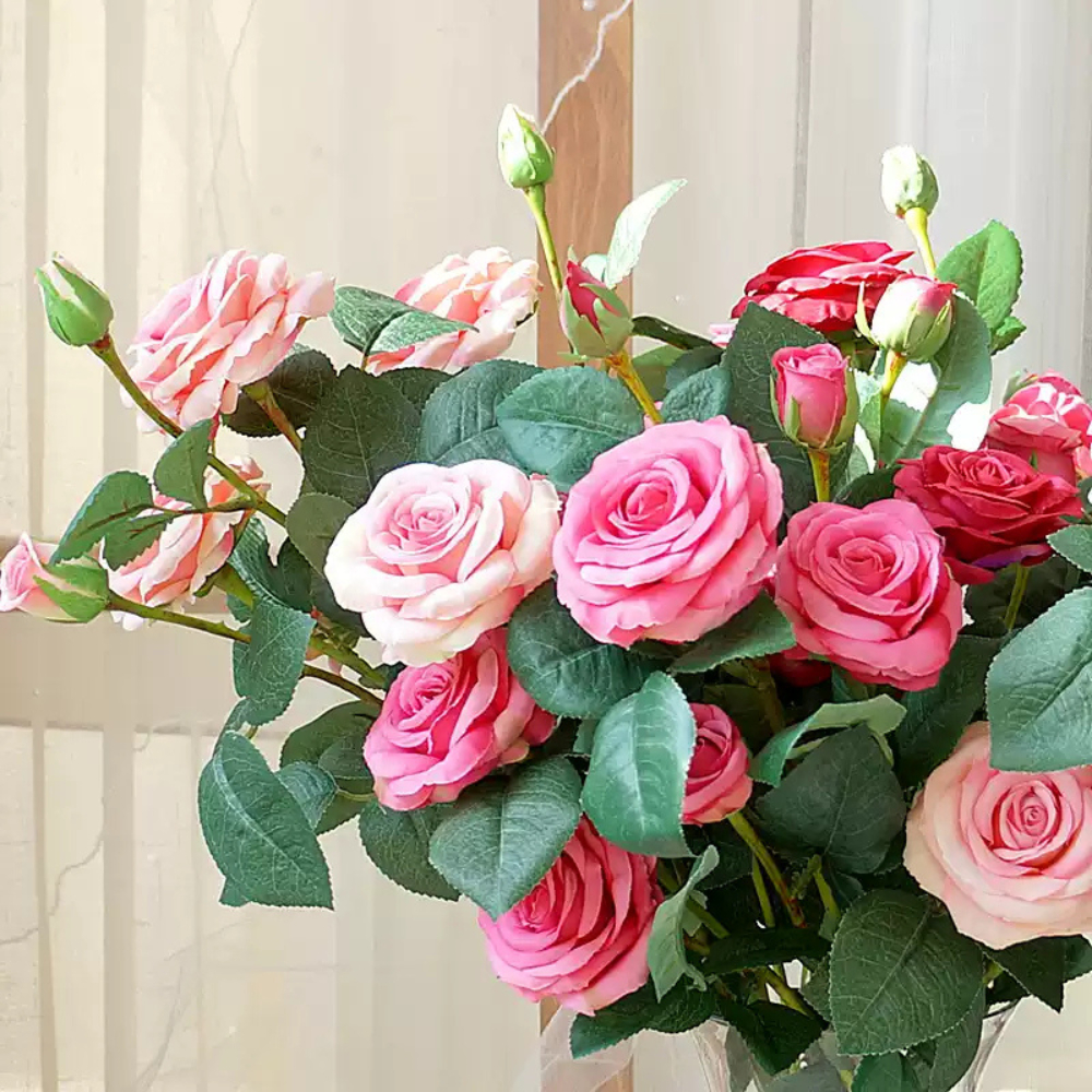 [ hoa lụa cao cấp mô phỏng cành hồng ]Cành hoa hồng 7 bông cao 76cm cao cấp trang trí nhà cửa
