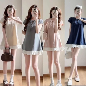Váy Linen Tay Cộc Đính Nơ Nhúm Bèo 4 Màu Dáng Xuông Siêu Xinh- Đầm Nữ Phong Cách Hàn Quốc
