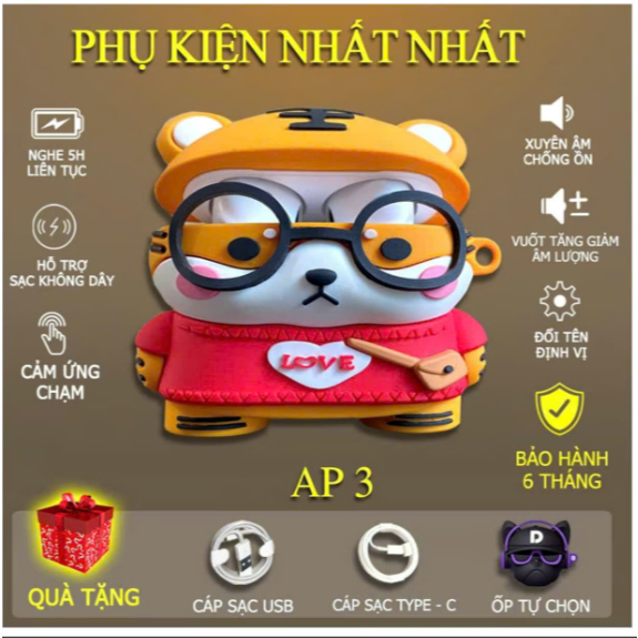 Tai nghe Bluetooth AT A3 (TẶNG ỐP + TẶNG CÁP) Định Vị Đổi Tên Pin 6h Tự Động Kết Nối Nhét Tai Nghe Nhạc tai nghe iphone