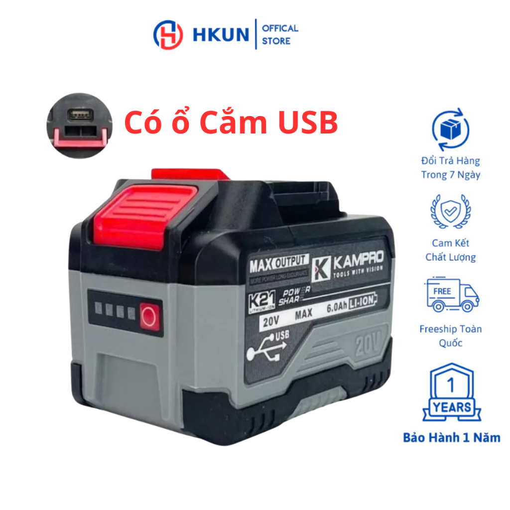 Pin KAMPRO Ultra 6.0AH Mạch 4 Mosfet Bảng Mạch To Chống Ngắt Tải Có Cổng Cắm USB Có Đèn Led Báo Pin Vỏ ABS Chống Va Đập