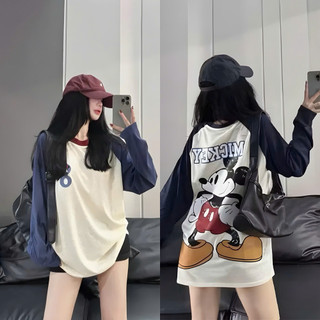 Áo Thun Nữ Dài Tay Phối Màu – In Hình Micky Bản To, Áo Thun Mùa Thu Cute Dễ Thương