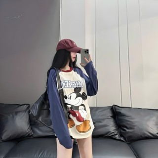 Áo Thun Nữ Dài Tay Phối Màu – In Hình Micky Bản To, Áo Thun Mùa Thu Cute Dễ Thương