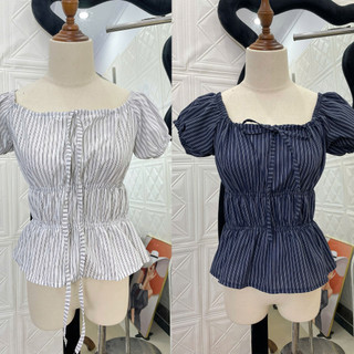 Áo Babydoll Nữ Cổ Vuông Chiết Eo Tay Phồng – Dây Buộc Nơ Ngực Vải Kẻ Thô Phong Cách Tiểu Thư Cute