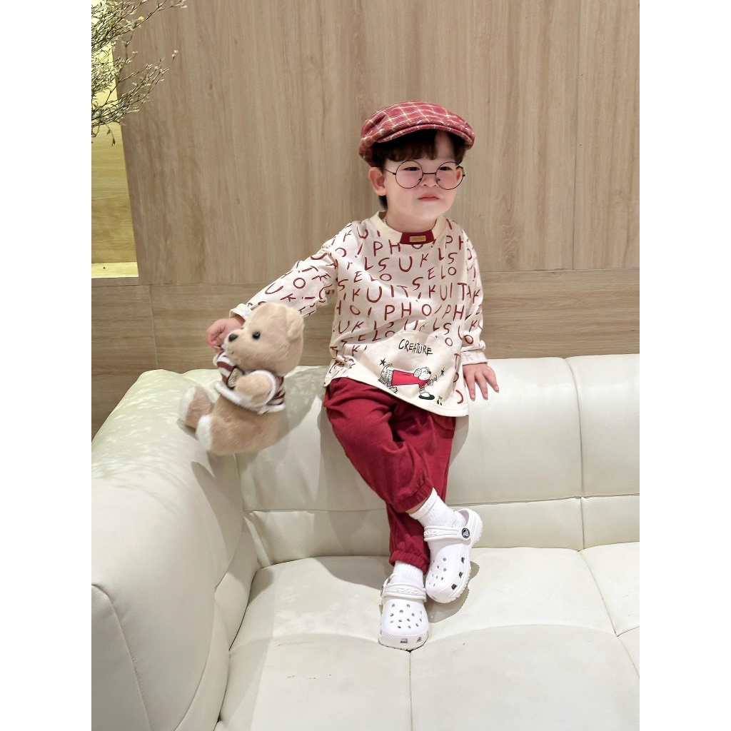 Set bộ dài tay bé trai Miniumbabyin chữ mix hình cún, bộ thu đông bé trai chất cotton mềm mát SB2449