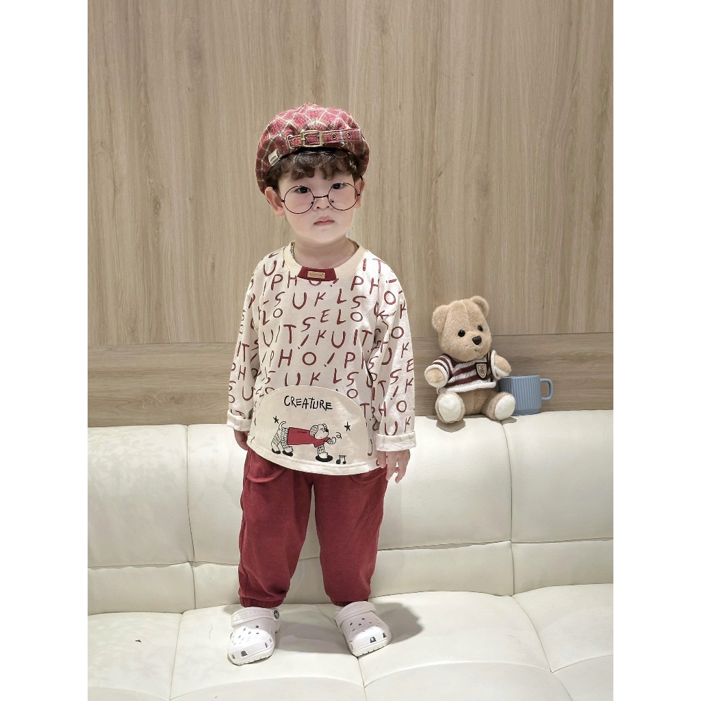 Set bộ dài tay bé trai Miniumbabyin chữ mix hình cún, bộ thu đông bé trai chất cotton mềm mát SB2449
