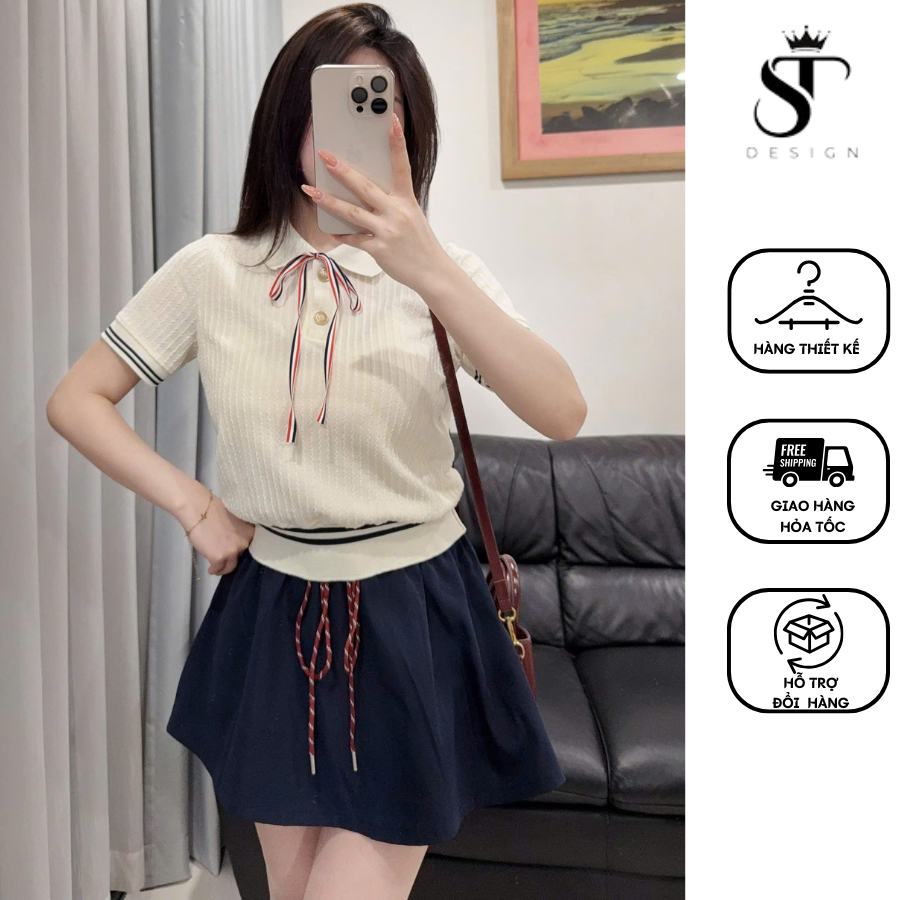 ST Design - Set Áo Len Dệt Kim Cổ Polo Nữ Dante Phối Nơ & Chân Váy Kaki 2 Da ST Design  - Hàng Thiết Kế - 31