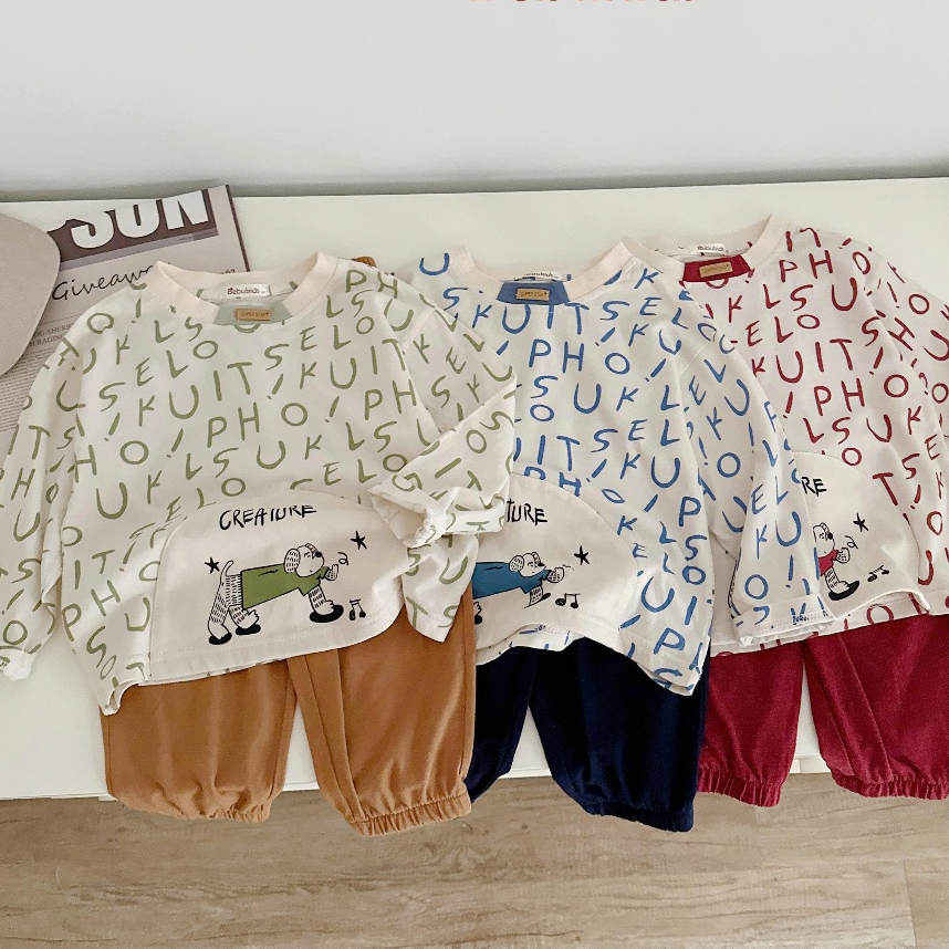 Set bộ dài tay bé trai Miniumbabyin chữ mix hình cún, bộ thu đông bé trai chất cotton mềm mát SB2449