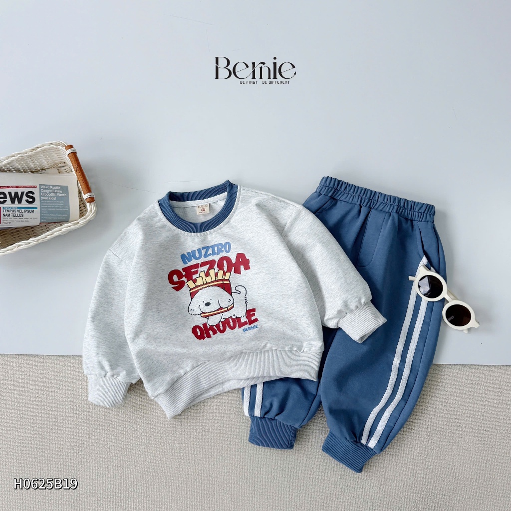 Bộ thu đông cotton 2 da dày dặn hoạ tiết cún con dễ thương, bộ dài tay bé trai vải dày dặn cho bé
