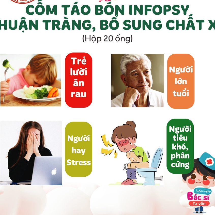 [HÀNG CTY + QUÀ] Cốm chống táo bón Infopsy bổ sung chất xơ, tăng cường tiêu hóa cho mẹ và bé (Hộp 20 Gói X 5G)