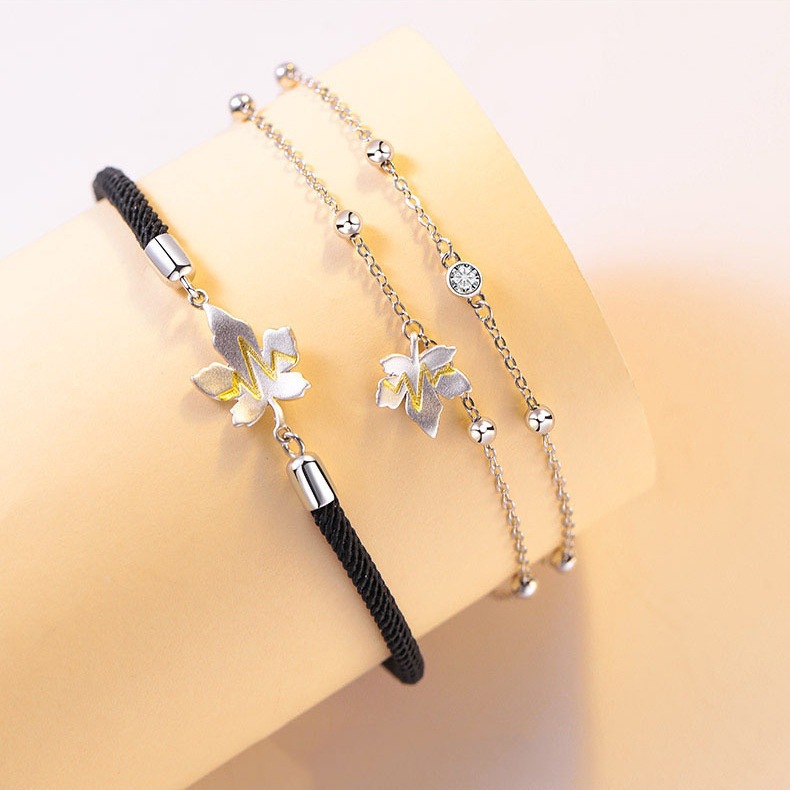 [ HỢP KIM BẠC ] Vòng tay đôi tình yêu lá phong bạc , lắc tay đôi uyên ương charm nhịp đập trái tim IMOON073