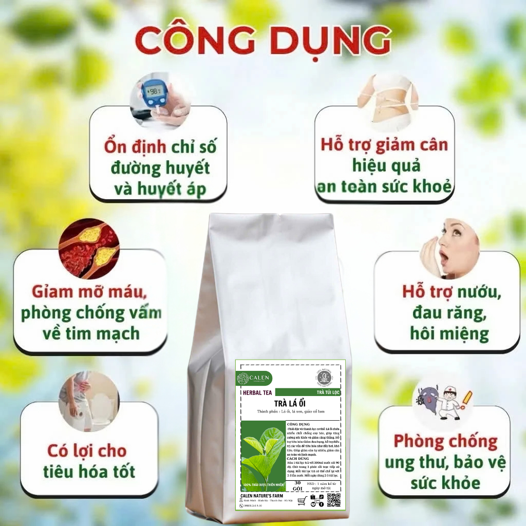 Trà búp ổi lá sen Calen Nature's Farm giúp giảm câ.n, tiêu mỡ nhanh, hỗ trợ dạ dày, đại tràng - bịch 30 lọc