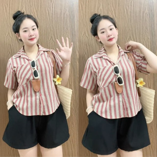 SET Sơ Mi Quần Đùi Bigsize Nữ Áo Somi Kẻ Sọc Vải Linen Kèm Quần Short Vibe Vintage A288+Q500