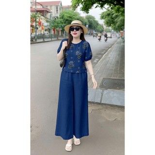 Set Bộ Nữ Quần Ống Rộng Áo Họa Tiết Vải Đũi Cao Cấp - E97
