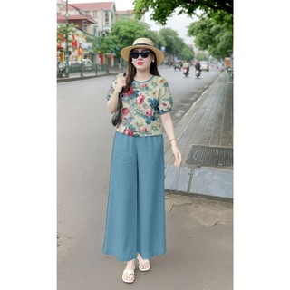 Set Bộ Nữ Quần Ống Rộng Áo Họa Tiết Vải Đũi Cao Cấp - E97