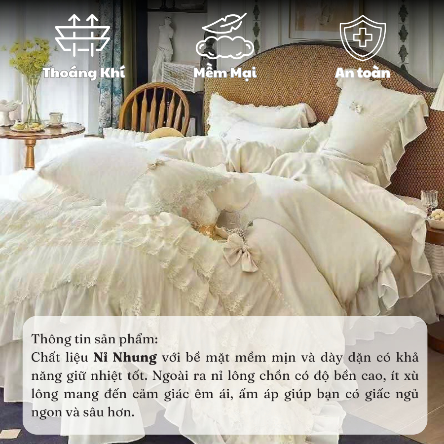 Bộ Chăn Ga Gối 4 Món Ga Chần Memminbedding Luxury Nhung Sữa Cao Cấp Họa Tiết Viền Ren Phối Phong Cách Cổ Điển - L41119