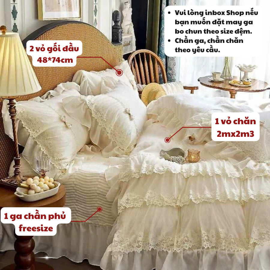 Bộ Chăn Ga Gối 4 Món Ga Chần Memminbedding Luxury Nhung Sữa Cao Cấp Họa Tiết Viền Ren Phối Phong Cách Cổ Điển - L41119