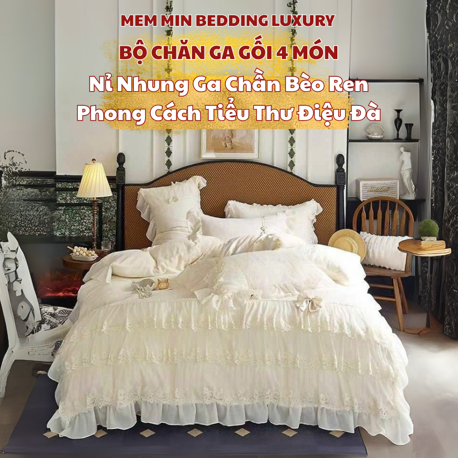 Bộ Chăn Ga Gối 4 Món Ga Chần Memminbedding Luxury Nhung Sữa Cao Cấp Họa Tiết Viền Ren Phối Phong Cách Cổ Điển - L41119